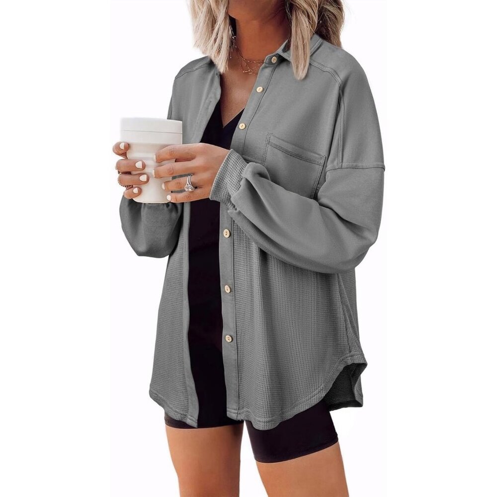 Women's Knit Loose Long Sleeve Dark Gray Fashion Button Down Shirt Jacket Tops